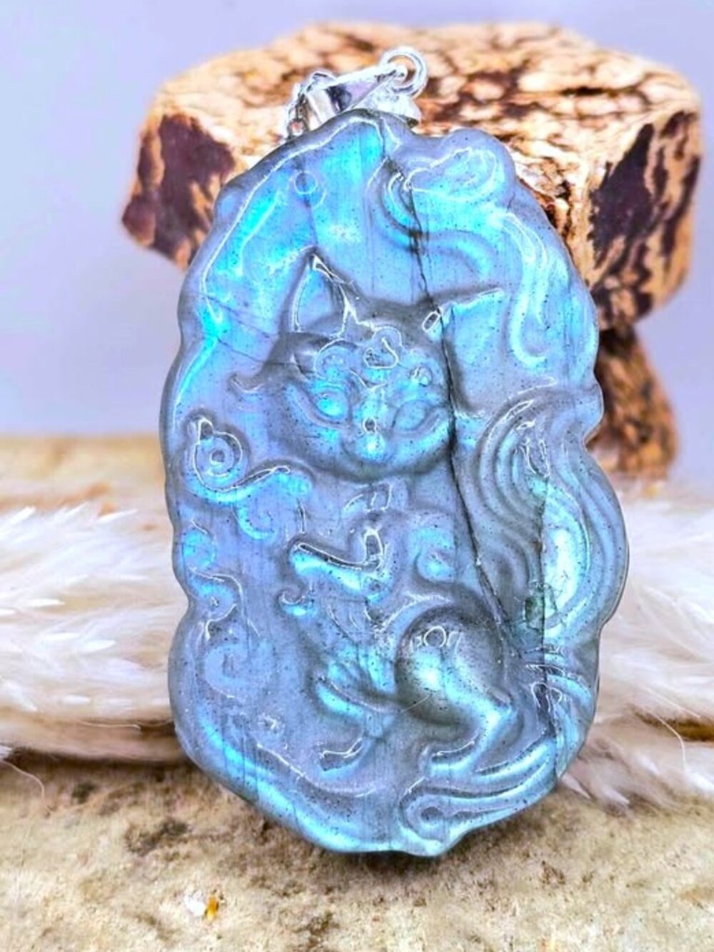 Labradorite Cat God Pendant • 1.6" Hand‑Carved Crystal Necklace • Strong Flash